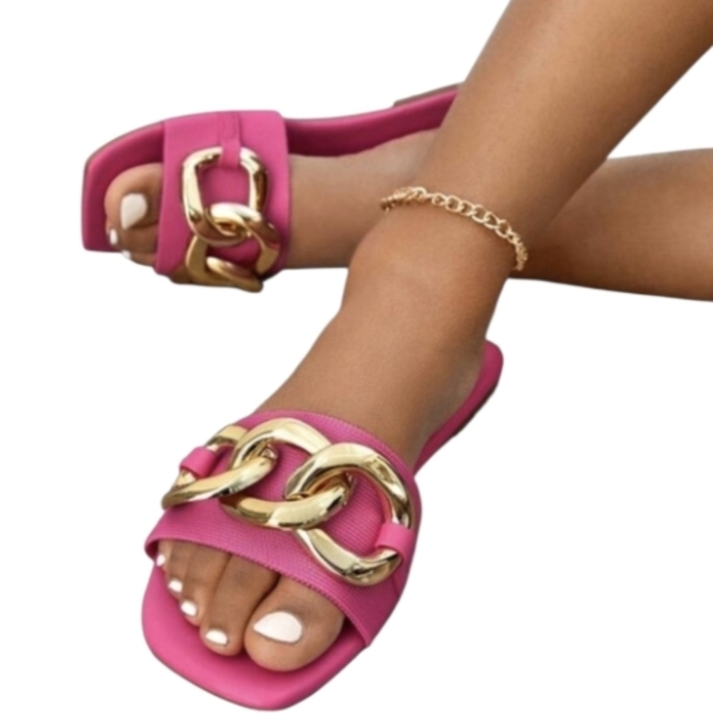 Pink Chain-Accent Women's Slide Sandals